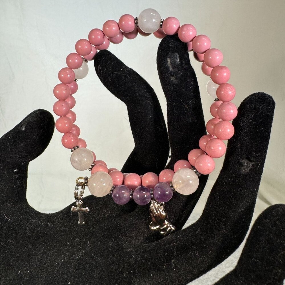 Handmade Gemstone Rosary Wrap Beaded Bracelet With Cross & Praying Hands - Picture 1 of 4